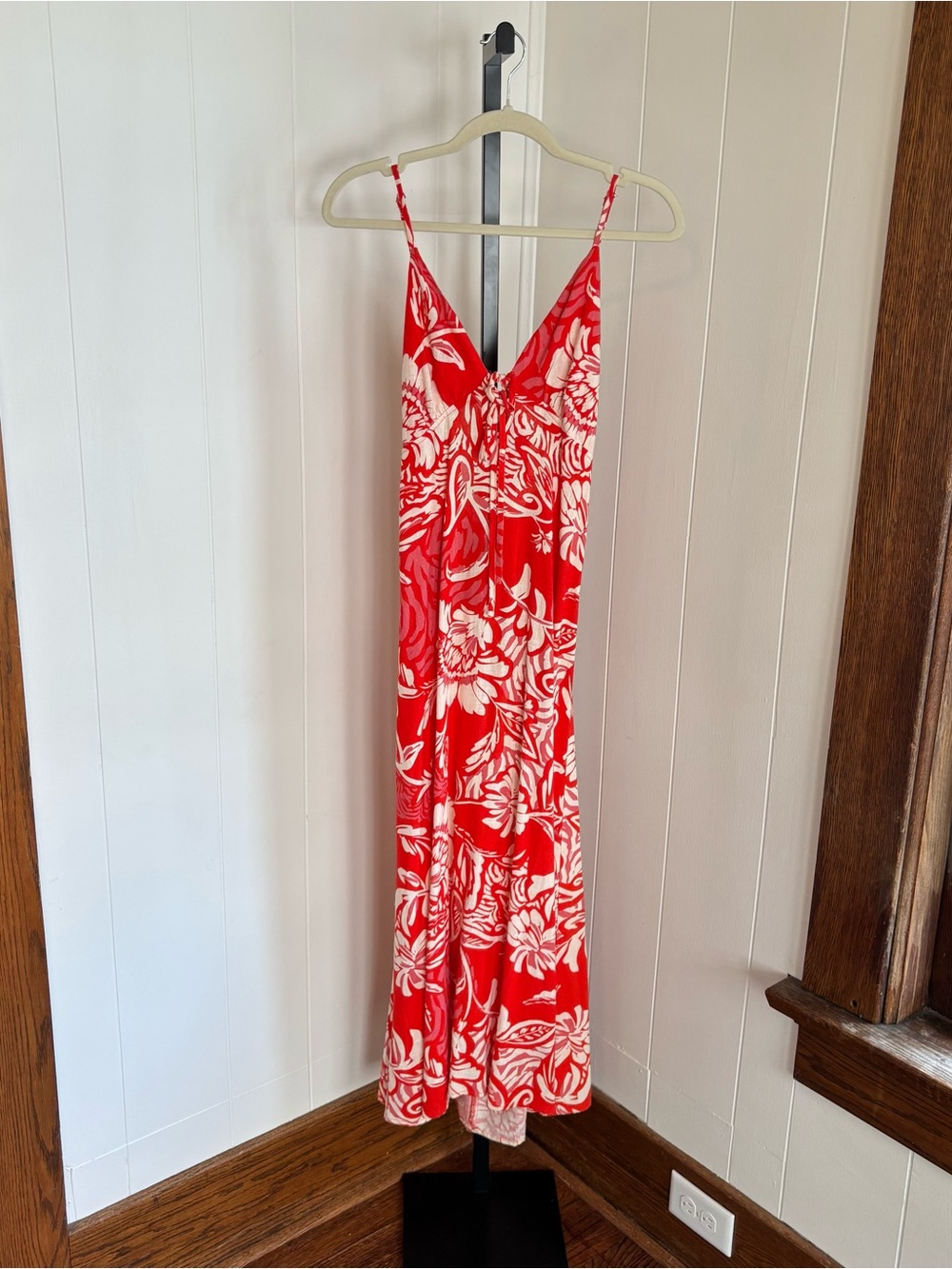 Paper Heart Tropical Floral Linen Blend Maxi Dress Red White Open Back Womens XS